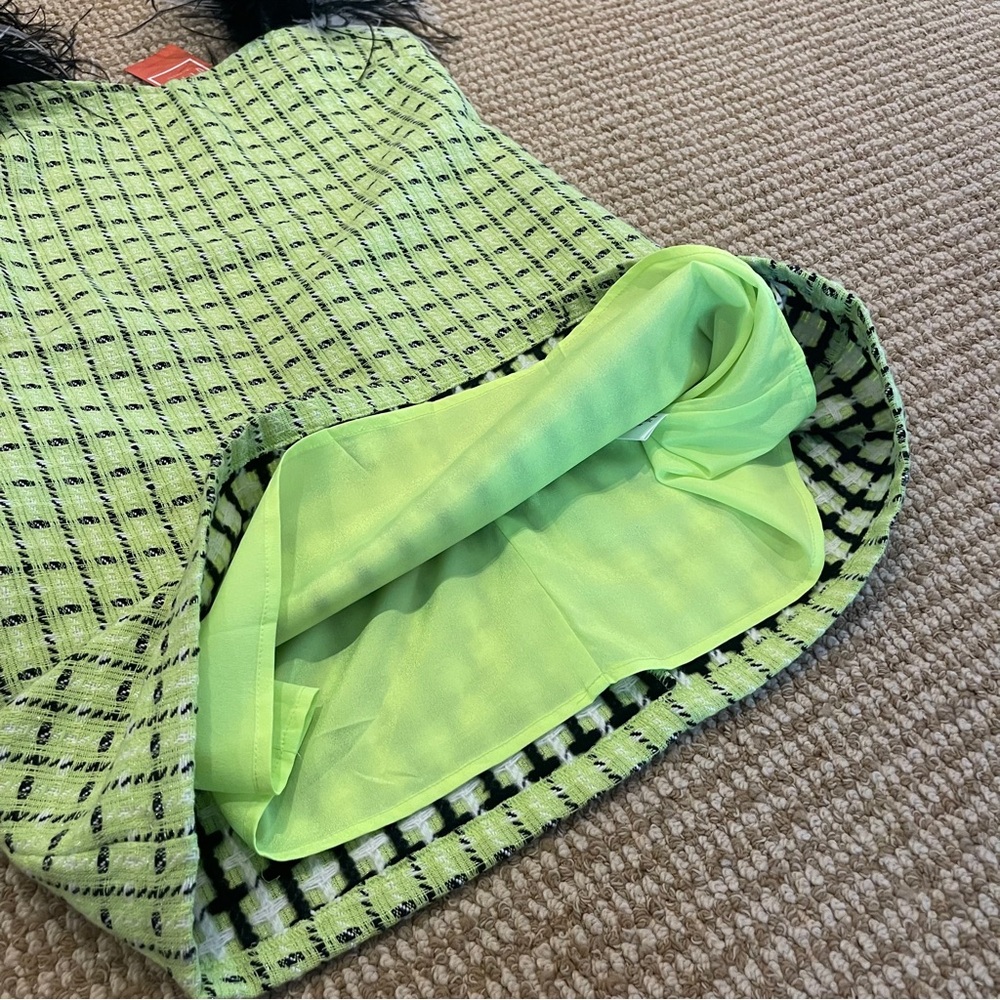 Queen of Sparkles Neon Lime Tweed Feather Strap Dress Medium NWT - Picture 6 of 10